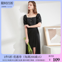 Triple color 2021 summer womens dress square neck foam sleeves small black dress High waist open fork dress D362G3016L10