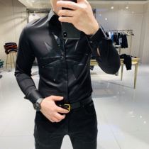 2020 autumn new European and American fashion brand fashion printing stretch slim-fit shirt male youth black long-sleeved shirt