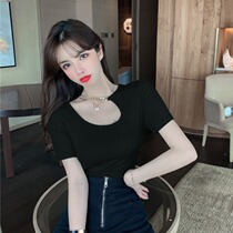celine pianna short sleeve T-shirt female summer new design sensation small crowdchain hanging neck type collarbone short blouse