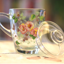 Korean floral thickened glass Flared flower water cup heat-resistant juice cup teacup Handle cup beer mug