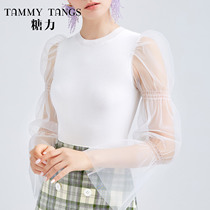 (Mall same section) Sugar spring autumn season white fairy gas mesh yarn splicing long sleeves Slim Knit Cardiovert Blouse
