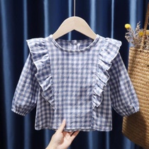 2021 Spring childrens clothing girls cotton long sleeve plaid doll shirt baby children sweet lace base shirt top