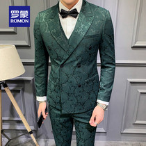 Romon double-breasted jacquard suit suit suit male slim business gentleman green suit emcee host evening dress
