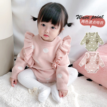 Korean version of autumn and winter newborn triangle climbing suit shirt polka dot thickened small flying sleeve knitted baby conjoined