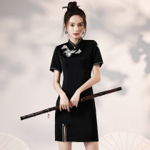 Improved cheongsam 2021 new black embroidery young little man daily wear Girl summer dress short