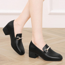 Black small leather shoes female professional work shoes 2021 new summer thick heel soft leather long stand not tired work shoes