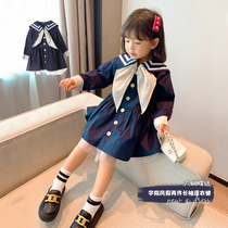 Female children autumn dress 2021 new children Spring and Autumn college style baby dress fake two piece stitching dress dress