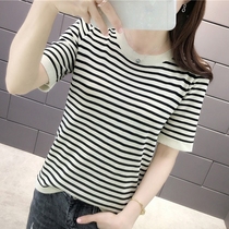 Ice silk striped short-sleeved T-shirt womens thin breathable 2021 summer new short knitted base shirt round neck top