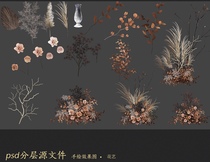 Wedding hand-painted autumn orange Thai floral combination retro vase branch psd layered source file ins