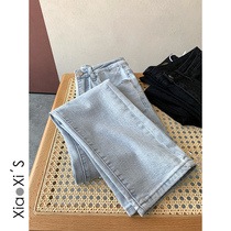 Little Hijia) Light Blue Black Female Straight Drum Loose Spring Autumn High Waist Display Slim Smoke Pipe Pants 90% Jeans Little Sub