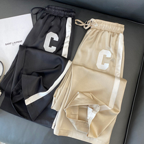 Western style wild letter embroidery stripe stitching high waist straight tube wide leg pants Womens hanging sense acetic acid casual pants spring and summer