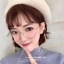 ulzzang glasses female Net red with ins glasses frame chain gold rimmed big frame flat light glasses men myopia round face