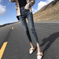 Korea Tide brand 2021 summer eight points hole jeans women autumn stretch thin waist tight small foot pants