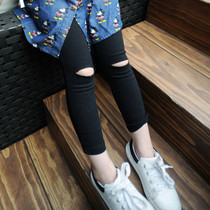 Childrens clothing Girls  spring new Korean edition Childrens perforated knee pants nine-point pants leggings long pants 0230