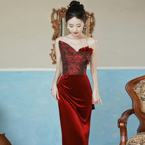 Tube top toast dress bride luxury winter wedding red velvet evening dress engagement party dress French female