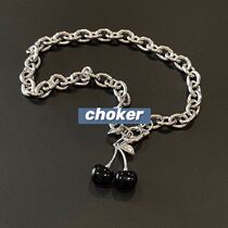 Earth Cool Trampoline Must Wear Black Cherry Steel Necklace Women Ins Lock Bone Chain Choke King Teenage Girl The Same Necklace