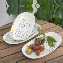 Yifang creative Japanese large handmade long plate cute deep and shallow plate ceramic soup plate plate dish cartoon cat snack plate