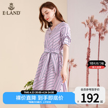 ELAND clothes in summer French style temperament casual fashion striped waist lace with slim purple one-piece dress