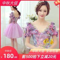 Host dress womens puffy skirt short small dress new 2018 performance clothes shoulder thin flower dress