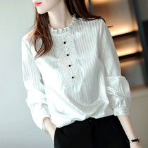 Elegant Temperament White Shirt Womens Dress 2022 Spring Summer New Striped Silk-Quality Lotus Leaf side collar Neckline Blouse