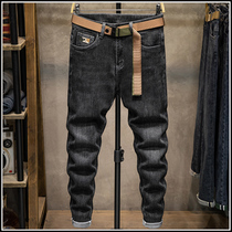 Black jeans mens autumn and winter slim feet Korean version of the trend Joker casual straight mens embroidered long pants