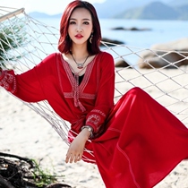 (Shop transformation clearance) loose size travel long skirt womens long sleeve dress red seaside holiday fat MM