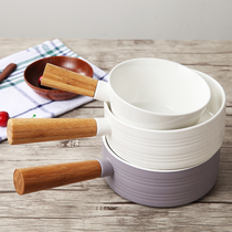 Japanese simple fruit salad bowl White ceramic breakfast bowl Cereal bowl Bamboo handle bowl Household rice bowl soup bowl