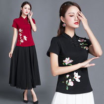 Ethnic style embroidered short-sleeved T-shirt womens cotton top 2020 summer decoration body Chinese style large size embroidered base shirt