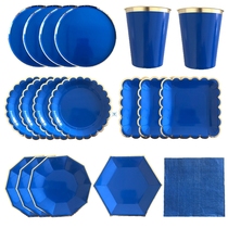 Blue Disposable Tableware Set Party Paper Straw Cup Plates