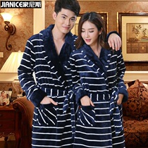 Autumn and winter couple nightgown flannel bathrobe Mens coral velvet bathrobe Winter womens striped large size pajamas