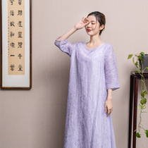 21 Autumn silk hemp national literature and art retro three-point sleeve dress Casual round neck high waist pullover Zen tea Hanfu
