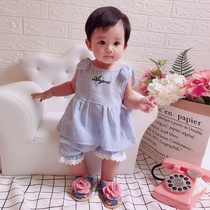 Korean childrens clothing womens clothing 2019 summer new baby fashion short sleeve set baby sweet lace two-piece set
