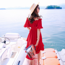 Red chiffon shoulder dress female summer 2021 waist wooden ear Super fairy small man holiday beach dress