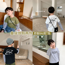 Yuyuan home childrens clothing boys spring new foreign style childrens long sleeve T-shirt baby fake two stripes base shirt tide
