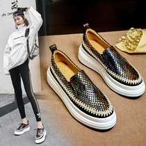 Womens shoes 2021 New Spring leather single shoes Korean version of Lefu lazy shoes a pedal pine cake thick soles casual shoes tide