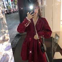 Temperament thin red New year skirt small fragrant wind bright silk tweed high waist with coat dress women autumn and winter