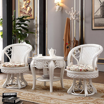 Balcony real rattan choreography table and chairs tea table combined white solid wood rattan swivel chair Cane Chair Tea Table Three Sets