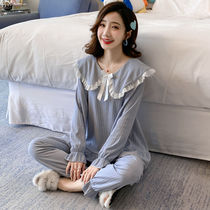 Princess style pajamas womens spring and autumn cotton long-sleeved thin home clothes womens summer sweet and cute doll collar suit