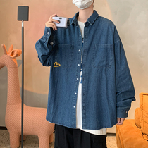 Denim shirt mens fashion brand ins spring and autumn Hong Kong style handwear shirt Korean trend retro casual jacket