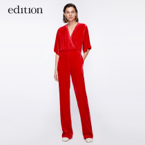 edition velvet jumpsuit womens winter temperament V-collar mid-sleeve waist slim straight trousers