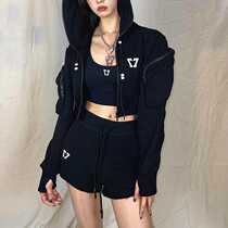 SMFK Official Straight Hair Phantom Midnight Black High Waist Cotton Sweatshirt Shorts Sports Suit Hoodie