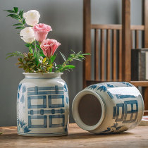 Jingdezhen ceramic rough pottery retro vase hand-painted blue and white Zen flower arrangement small ornaments living room decorations
