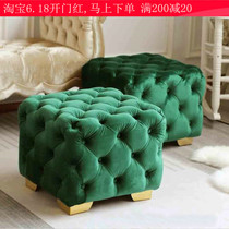 New Nordic velvet fabric pull button low stool square sofa stool cloakroom dressing shoes footrest dark green light luxury