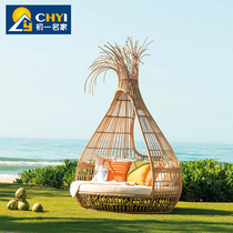 Outdoor lying bed rattan outdoor hotel resort hot spring swimming pool round sofa open air high end leisure large round bed