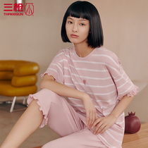 Three Guns Home Clothes Set Women Summer Water Soft Cotton Round Neck Short Sleeve Mid Pants Cotton Pajamas Women Living Clothing 81892