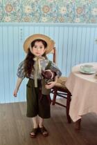 Dads Home Pour girls soft retro dots pattern top cotton linen pocket pants 79