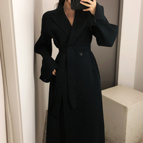 South Korean Herbenwind Black Double-sided Cashmere Big Coat Woman 2021 Winter new medium length Slim Wool Coat