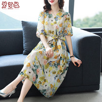 Mrs. Qiang-shaded slim flower dress summer cotton women in middle-aged mothers hemp loose high-end dress