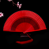 Chinese style big red solid color womens dance fan ancient style Hanfu portable small folding fan dancing cheongsam show fan