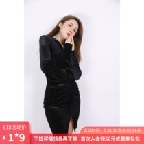 Fatal Woman Black Gold Velvet V Collar Collection Waist Display Slim Open Fork Bag Hip Skirt Dress Woman Autumn Winter